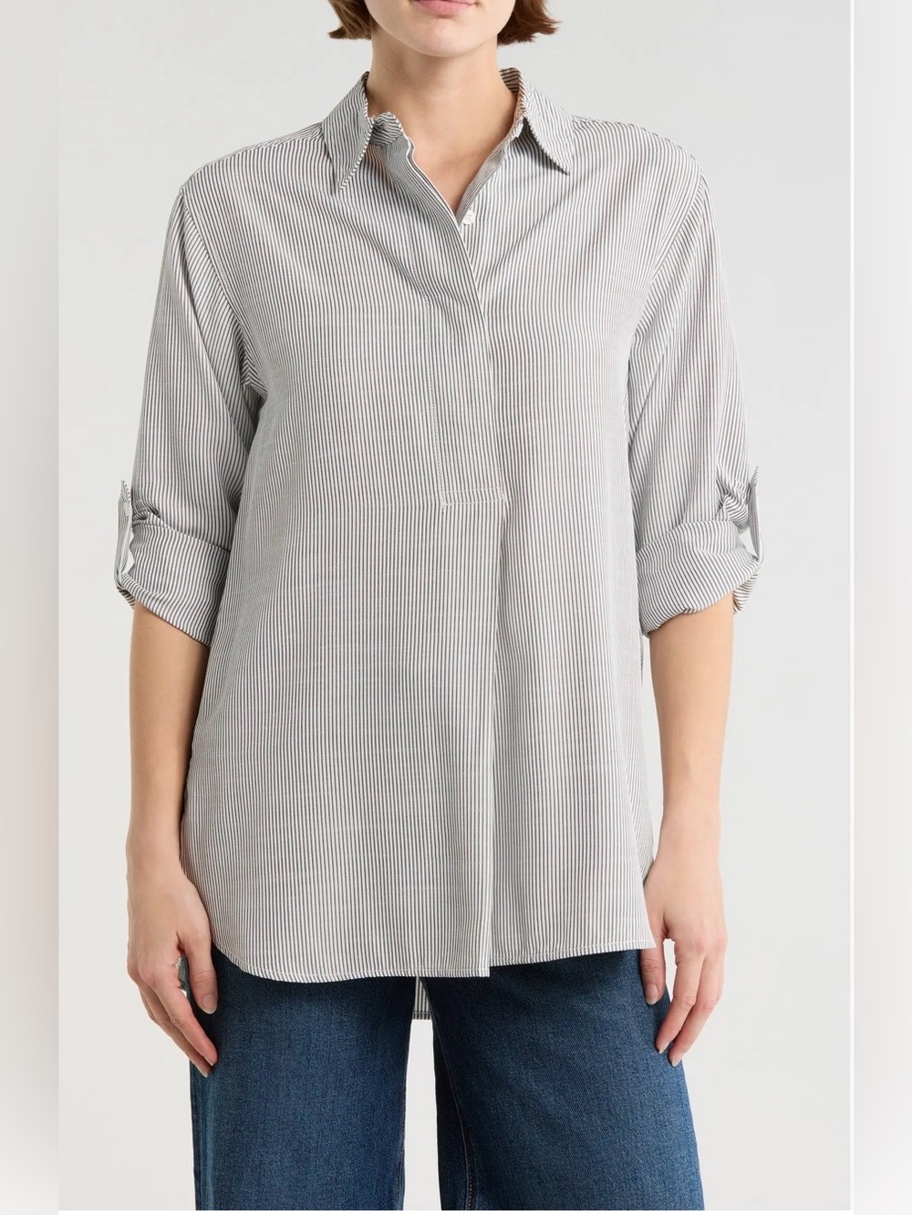Max Studio Green Pinstripe Button-Down Tunic